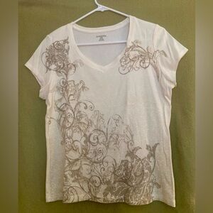 St. John's Bay Cream Cotton V-Neck Floral Tee Size Petite Large